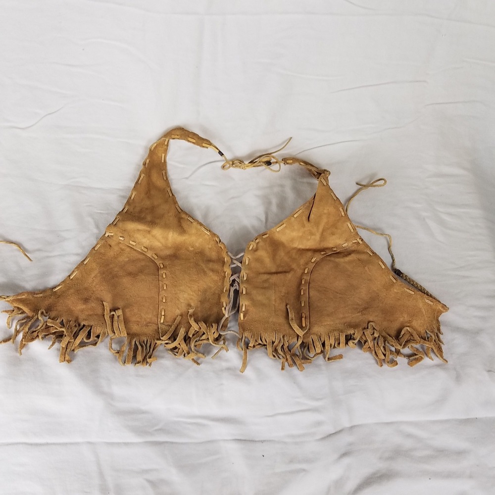 Suede Halter Top Womens OS Tan Excellent Vintage 80s Hippie Fringe Tie handmade
